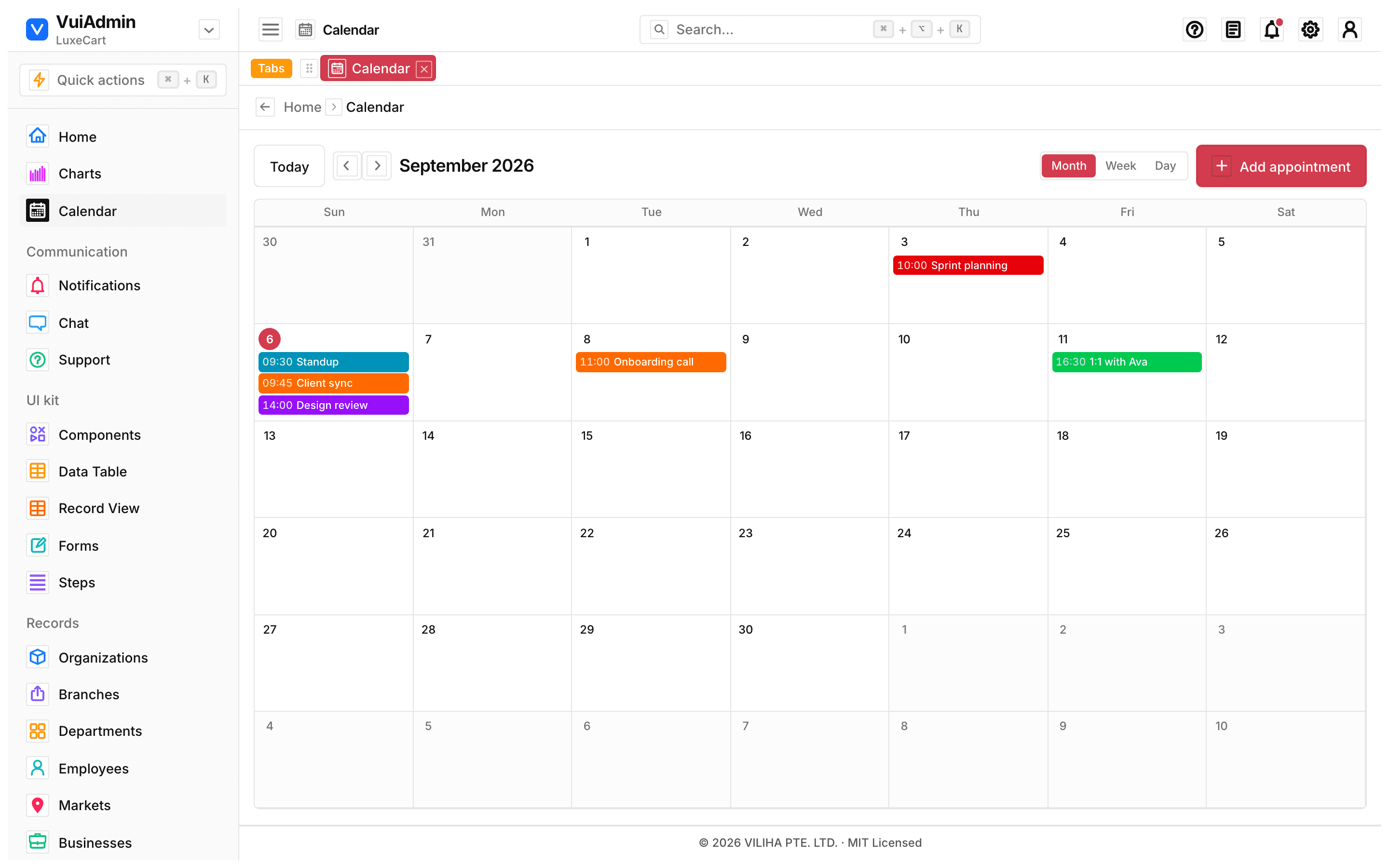 Calendar screen of the admin