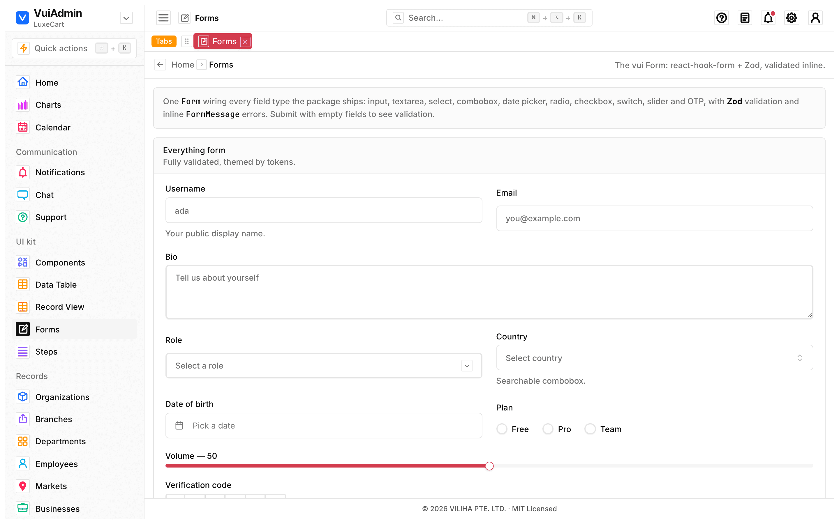 Forms and inputs screen of the admin