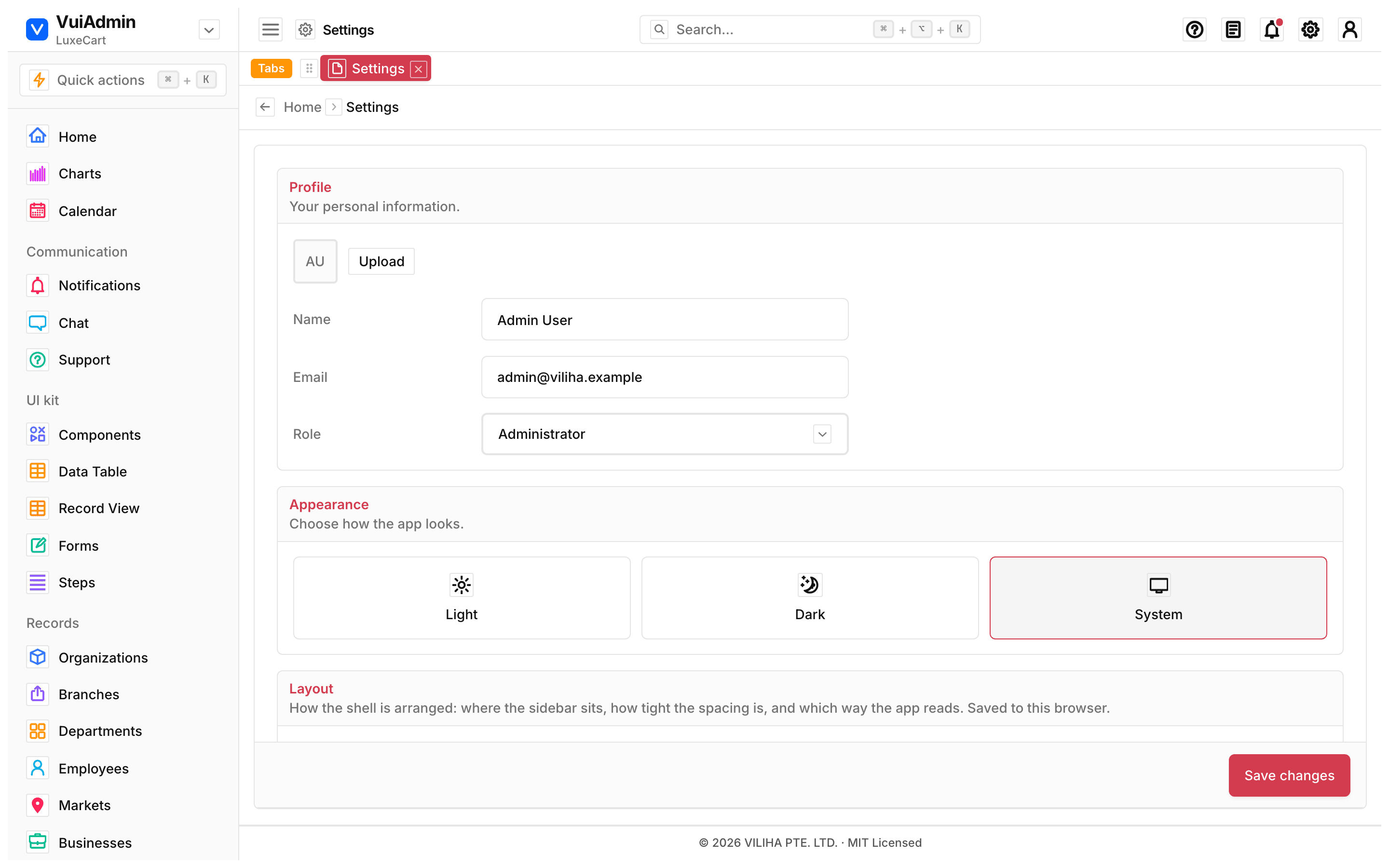 Settings screen of the admin